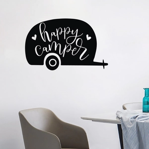 Creative vinyl wall decal featuring a Happy Camper trailer silhouette for home decor