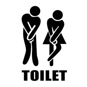 Funny toilet wall sticker featuring humorous cartoon figures and clear TOILET text signage