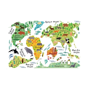 Détail du sticker mural carte du monde avec animaux mignons et océans pour chambre enfant
