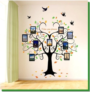 Detail eines 3D Fotobaum Wandtattoos mit 8 Rahmen und I love you forever Text