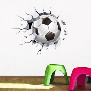 3D football breaking through wall decal with realistic cracks for kids bedroom decor