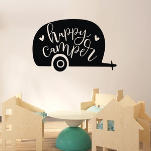 Creative black vinyl Happy Camper wall decal with motorhome silhouette for home decor