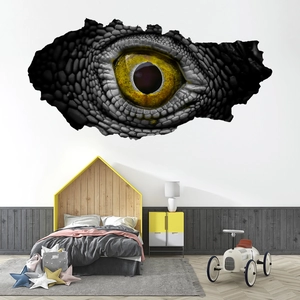 Close-up detail of 3D cracked wall sticker with a realistic yellow reptile eye effect