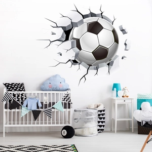 Detail showing 3D cracked wall soccer wall sticker in a modern children bedroom