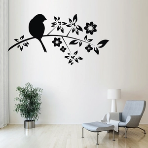 Black vinyl bird on tree branch wall decal for modern living room or bedroom decor