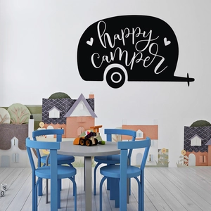 Detail of Happy Camper vinyl wall decal featuring a retro caravan and heart motifs