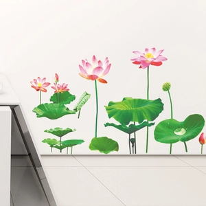 Detail of pink lotus flowers and green leaves wall sticker in watercolor style