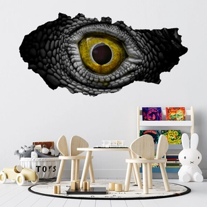 Detailed close-up of 3D dinosaur eye wall sticker with realistic broken wall effect