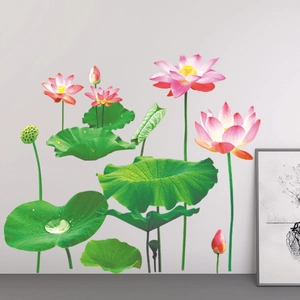 Detailed pink lotus flower wall stickers with green leaves on minimalist gray wall