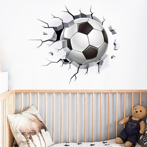 Detailed 3D soccer ball wall sticker with realistic wall crack and debris effects