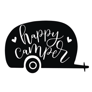Vinyl Happy Camper wall sticker featuring a vintage trailer silhouette and heart design