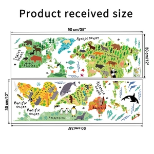 Détails du sticker mural carte du monde avec animaux, noms des continents et dimensions
