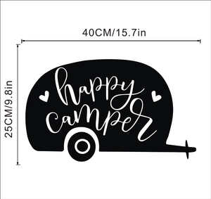 Macro shot of Happy Camper vinyl wall decal showing 40cm by 25cm size dimensions