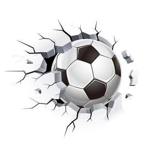 Close-up of 3D wall decal featuring a realistic soccer ball breaking through white wall