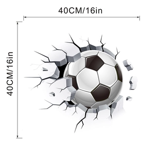 3D soccer ball wall sticker with cracked wall effect showing 40cm by 40cm dimensions