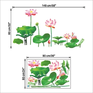 Detail view showing 3D pink lotus wall sticker layout and applied size measurements