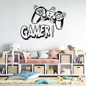 Detail showing creative GAMER video game controller wall sticker in a kids bedroom