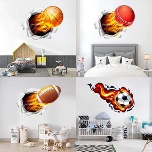 Adesivo da Parete 3D Palloni Sportivi PVC Impermeabile Modello Calcio Basket Baseball Football Americano con Fiamme