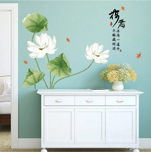 Detailed close-up of 3D lotus flower wall decals with elegant Chinese calligraphy art