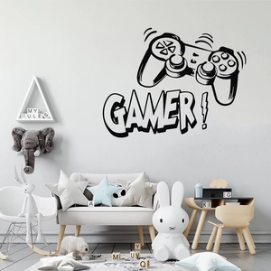 Gamer vinyl wall decal featuring controller and Gamer text for game room decor