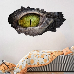 Realistic 3D broken wall dinosaur eye sticker detail with green iris and scales