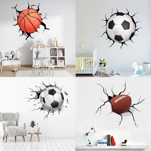 3D Broken Wall Sports Wall Decal Basketball Football Rugby Theme PVC Waterproof Sticker For Kids Room Living Room Decor