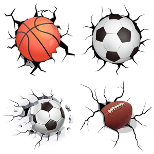 3D cracked wall sticker set with soccer basketball and football for bedroom decor