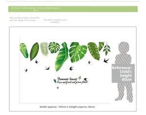 Tropical green leaves and birds wall sticker with dimensions 160x80cm for home decor