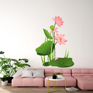 Close-up of pink 3D lotus flower wall stickers set for living room wall decoration