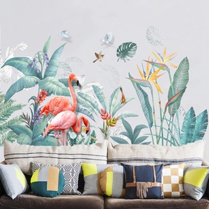 Tropical flamingo wall decals with green leaves for living room sofa background