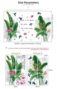 Detailed size layout of green tropical leaf wall stickers with monstera and pink flowers