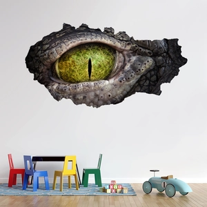 Detail of 3D cracked wall sticker showing realistic dinosaur eye with golden scales