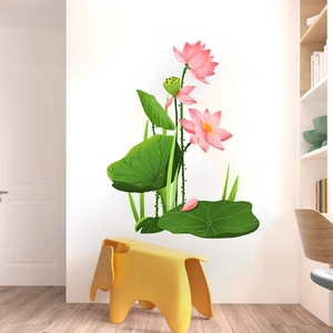 Detail view of pink lotus and green lily pad wall stickers on a clean white wall