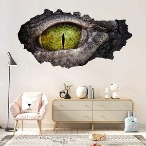 Detailed 3D wall sticker featuring a realistic dinosaur eye bursting through a wall crack
