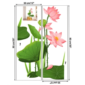 Detail view of pink lotus flower wall stickers with 30x90cm dimension markings