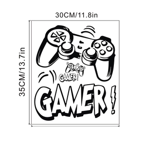 Detail showing dimension and layout of vinyl GAMER controller wall decal for kids room