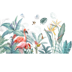 Tropical wall sticker with pink flamingos and green monstera leaves for home decoration