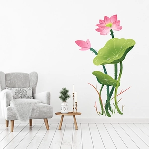 Detailed close-up of pink lotus and green leaf wall sticker set in a modern living room
