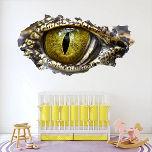 Macro detail of 3D reptile eye wall sticker with realistic wall crack effect for kids' room