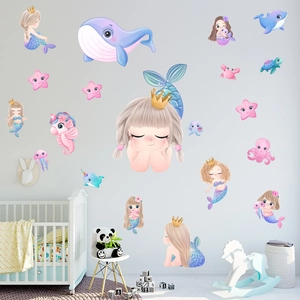 Sticker Mural Monde Océan Sirène Baleine Dessin Animé PVC Imperméable Amovible Auto-adhésif Décoration Chambre Enfant