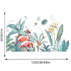 Detail view of tropical wall decals with pink flamingos and palm leaves, 120cm x 80cm size