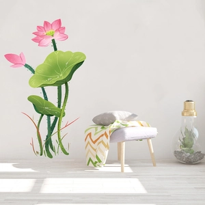 Detail of waterproof lotus wall sticker with hand-painted pink flower and green leaves