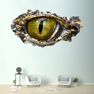 Detailed 3D dinosaur eye wall sticker with broken wall effect in a modern living room decor