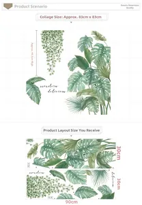 Détail du sticker mural Monstera avec dimensions de pose 30x90cm et taille finale 83x83cm