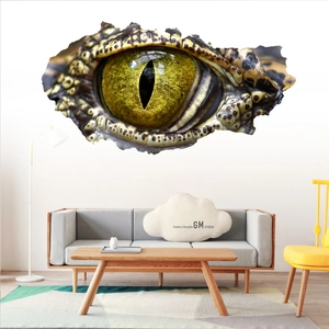 3D wall sticker with realistic crocodile eye peeking through cracked wall for home decor