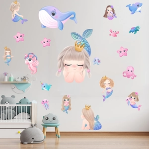 Stickers muraux sirène et créatures marines pour décoration chambre enfant