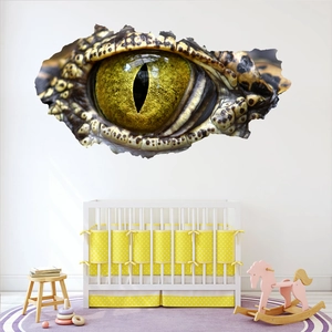 Detailed 3D broken wall decal featuring a realistic reptile eye for living room decor