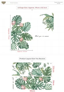 Détail de stickers muraux plantes tropicales avec feuilles de Monstera et dimensions du plan