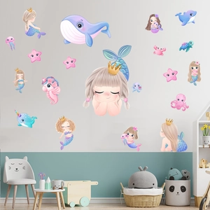 Stickers muraux monde sous-marin avec sirène baleine et animaux marins pour chambre