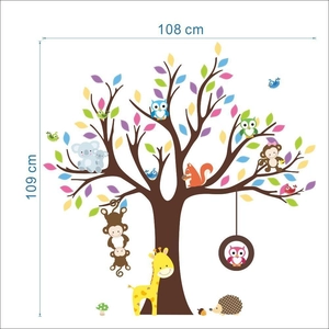 Maßangaben für 3D Cartoon Tierbaum Wandaufkleber mit 108x109 cm Größenübersicht